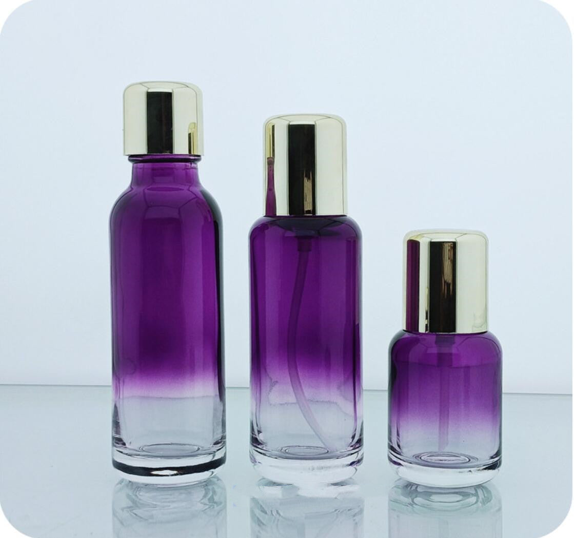 Fashion Packaging gradient pink color empty cosmetic sets spray glass bottle with white pump
