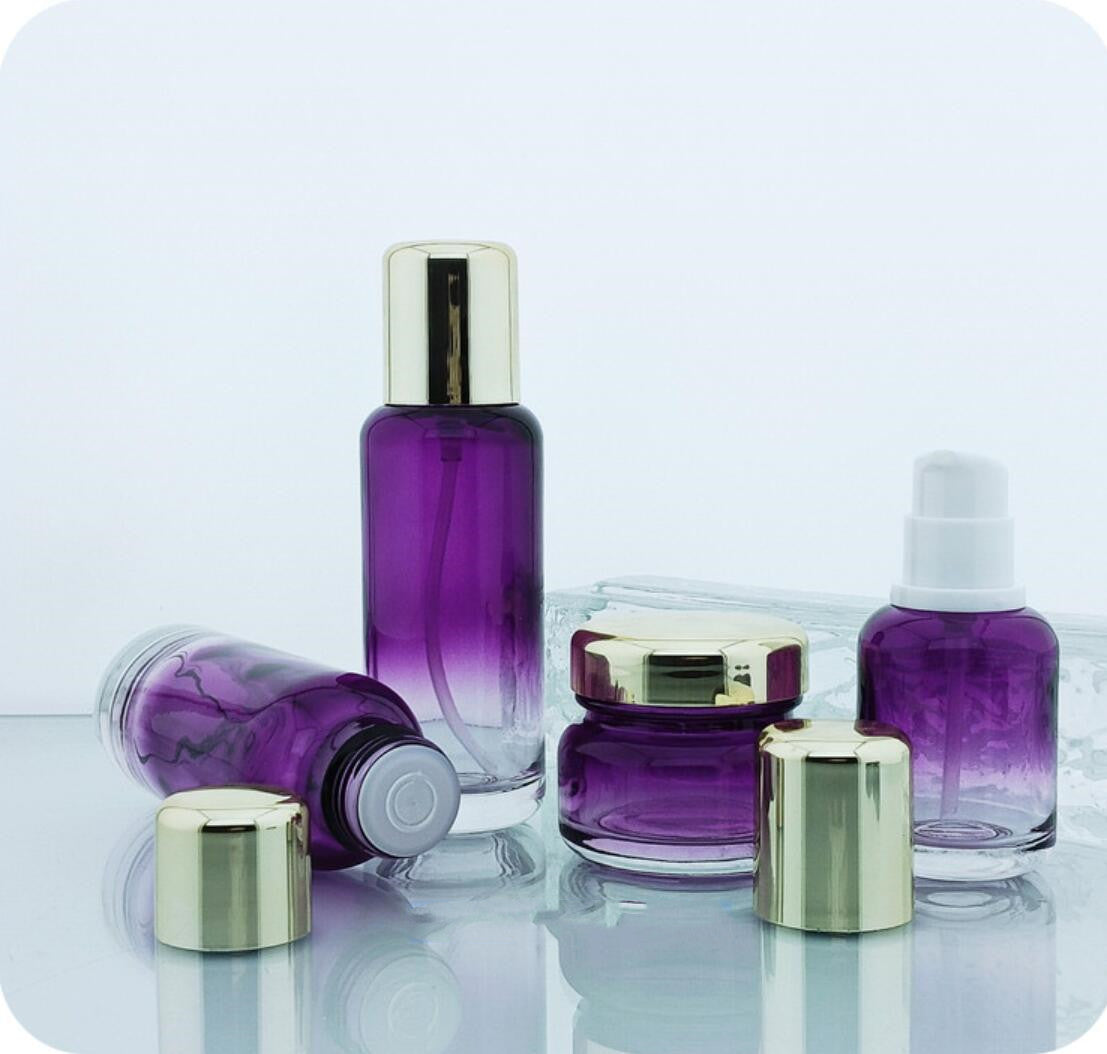 Fashion Packaging gradient pink color empty cosmetic sets spray glass bottle with white pump