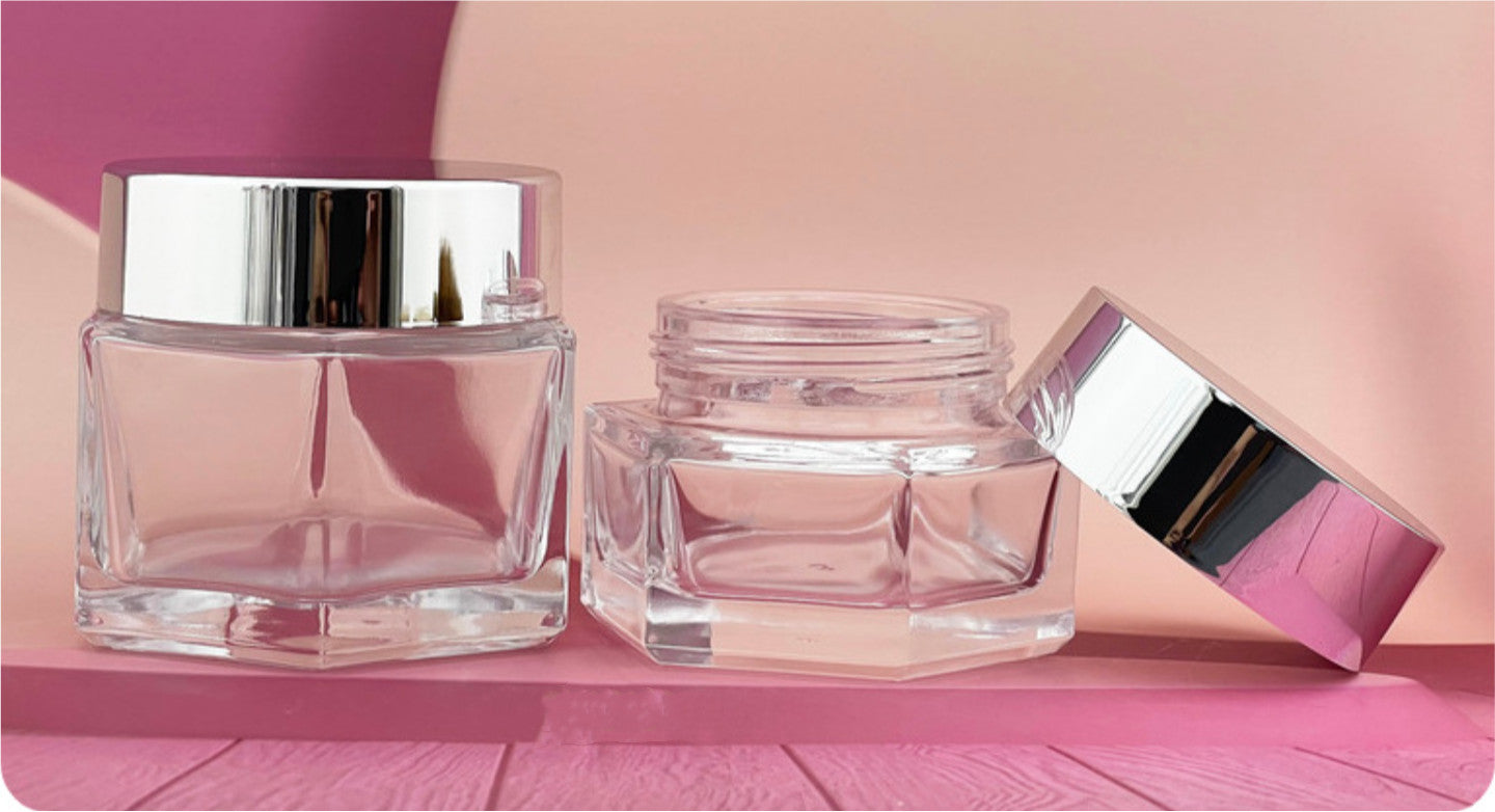 2024 new style unique hexagon shape luxury empty clear glass cosmetic packaging set face cream jar wholesale