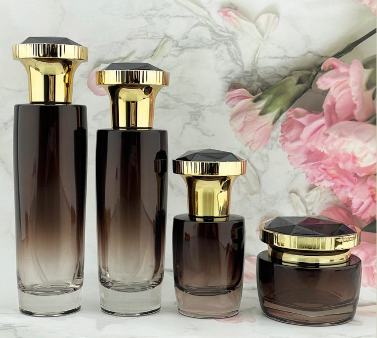 high quality empty new style round amber glass lotion pump bottles cream jar cosmetic package wholesale