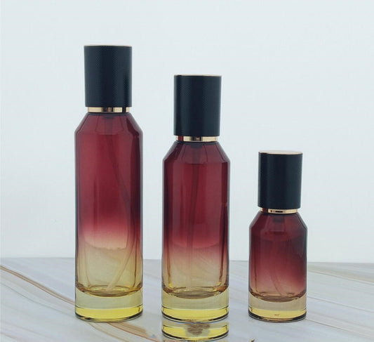 high quality luxury red colour cosmetic glass bottles slant cosmetic glass package with lid wholesale