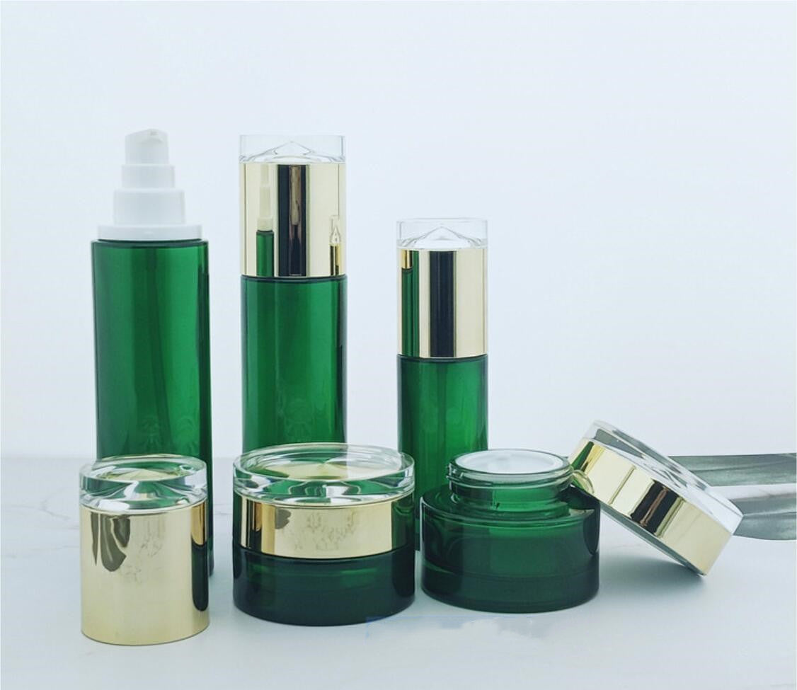 luxury package green cosmetic glass bottle cream jar with diamond lid wholesale