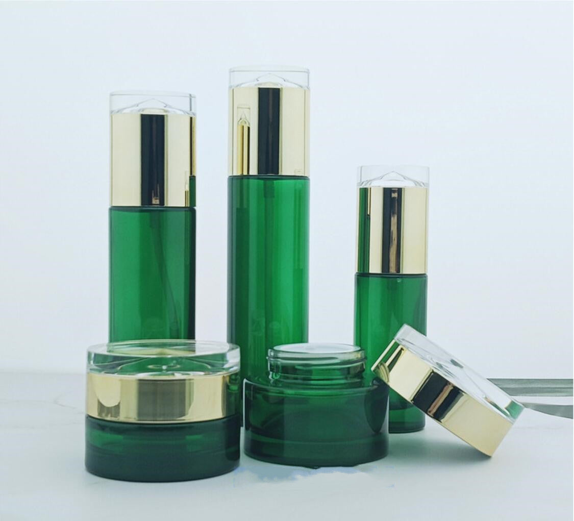 luxury package green cosmetic glass bottle cream jar with diamond lid wholesale
