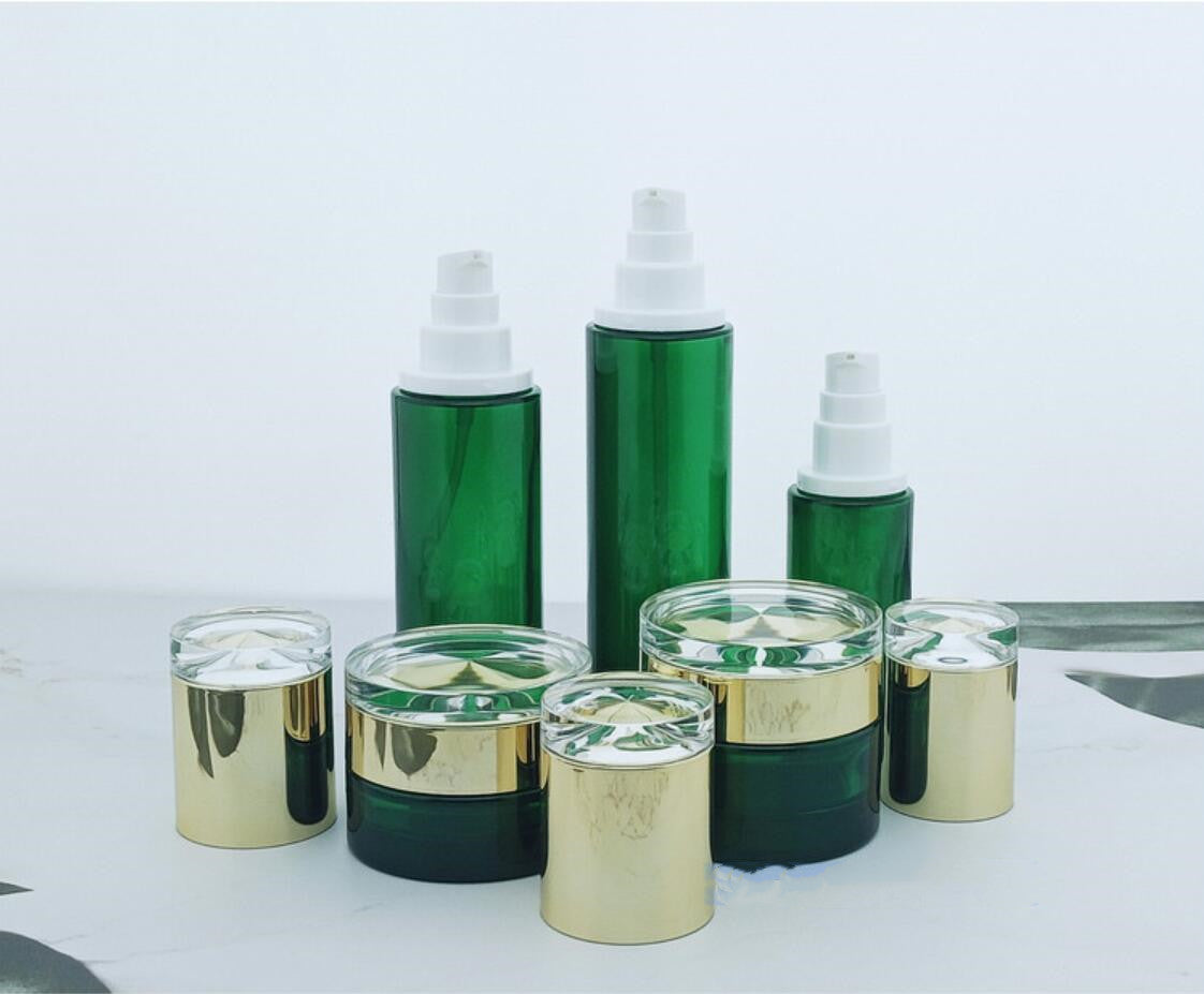 luxury package green cosmetic glass bottle cream jar with diamond lid wholesale