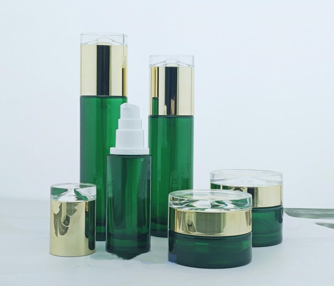 luxury package green cosmetic glass bottle cream jar with diamond lid wholesale
