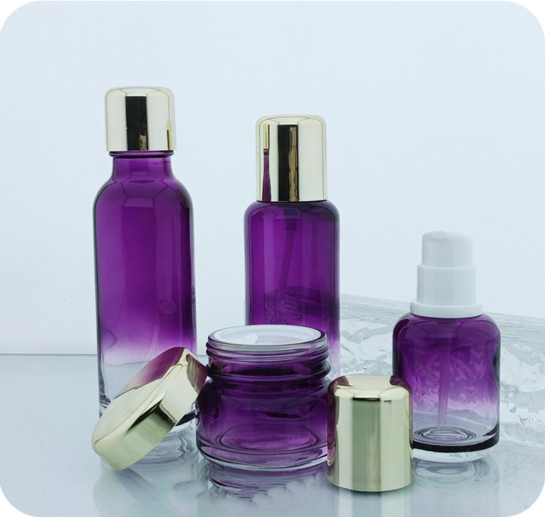 Fashion Packaging gradient pink color empty cosmetic sets spray glass bottle with white  pump