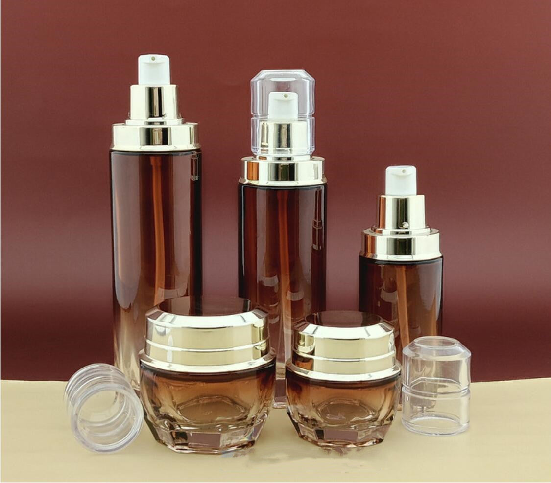 40ml 100ml 120ml luxury transparent amber  cosmetic glass pump bottles and cosmetic glass cream jars