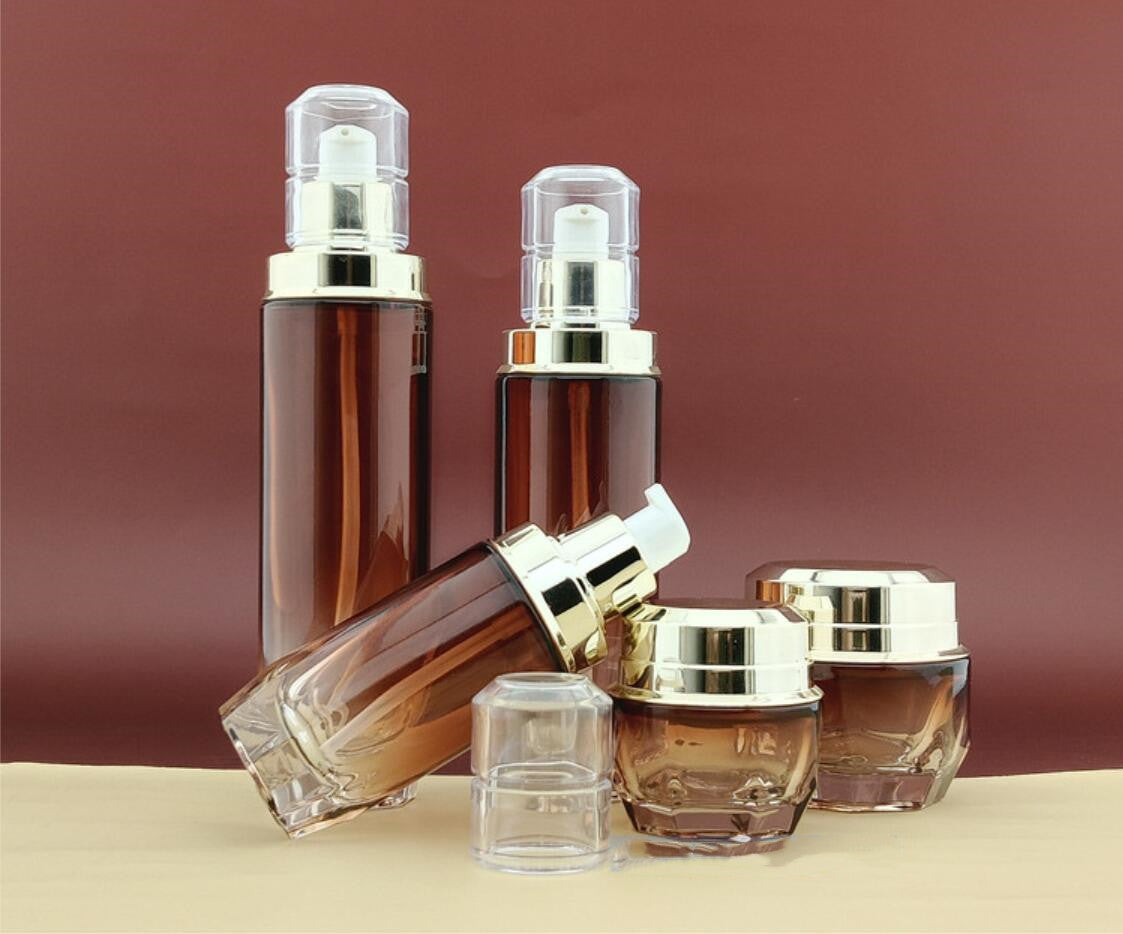 40ml 100ml 120ml luxury transparent amber  cosmetic glass pump bottles and cosmetic glass cream jars