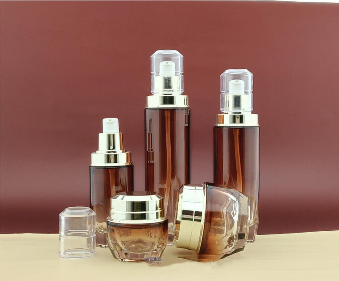 40ml 100ml 120ml luxury transparent amber  cosmetic glass pump bottles and cosmetic glass cream jars