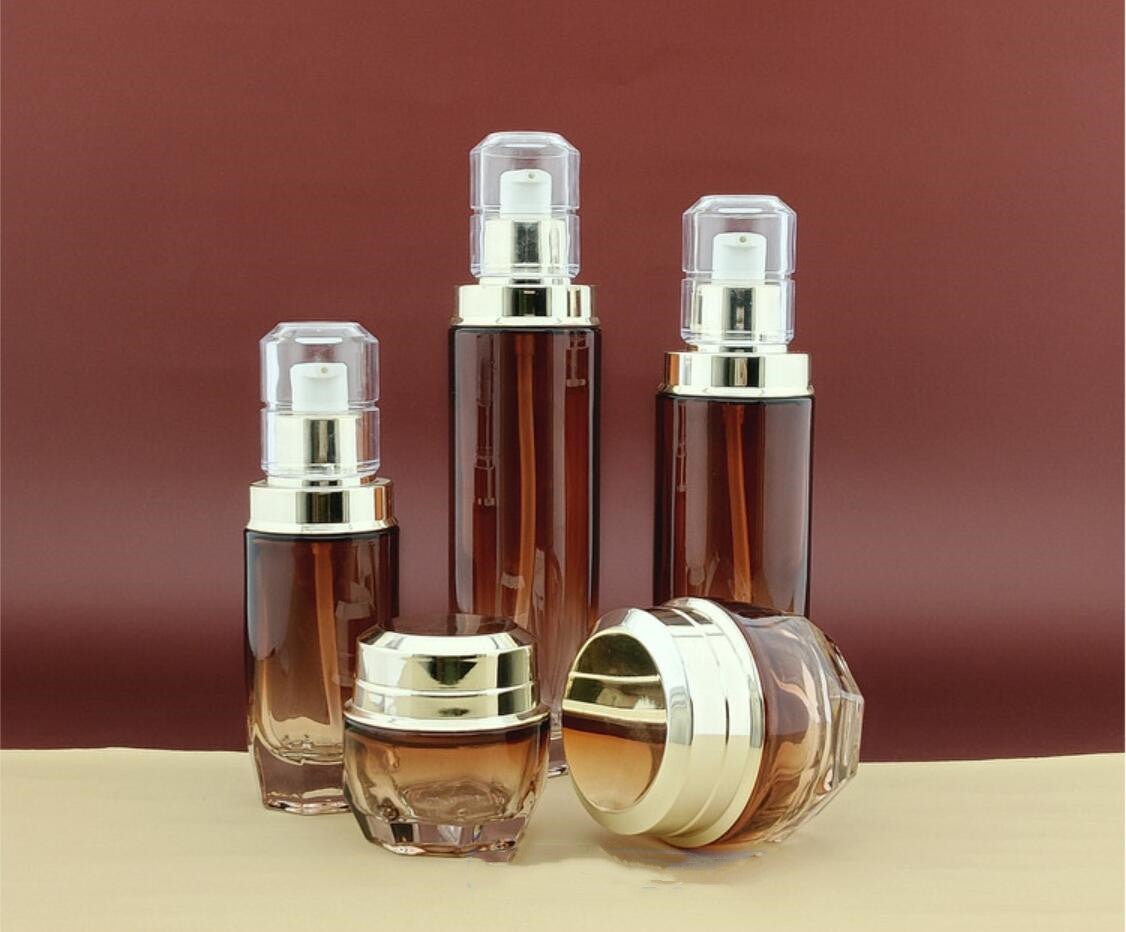 40ml 100ml 120ml luxury transparent amber  cosmetic glass pump bottles and cosmetic glass cream jars