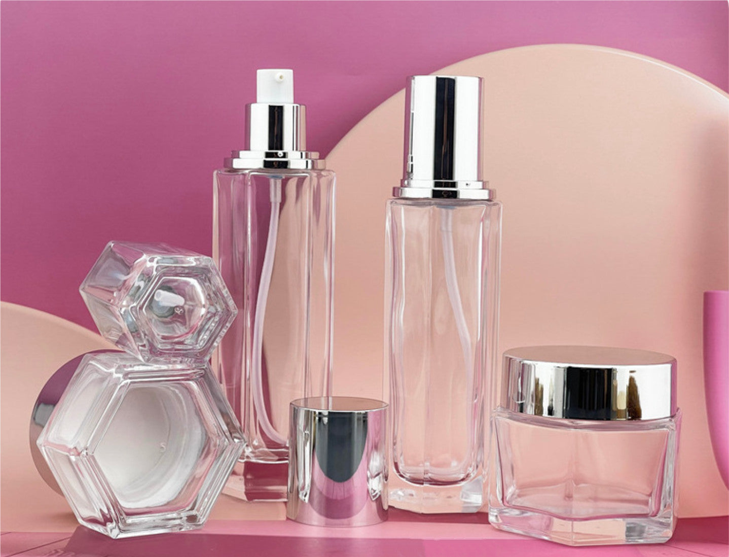 2024 new style unique hexagon shape  luxury empty clear  glass cosmetic packaging set face cream jar wholesale