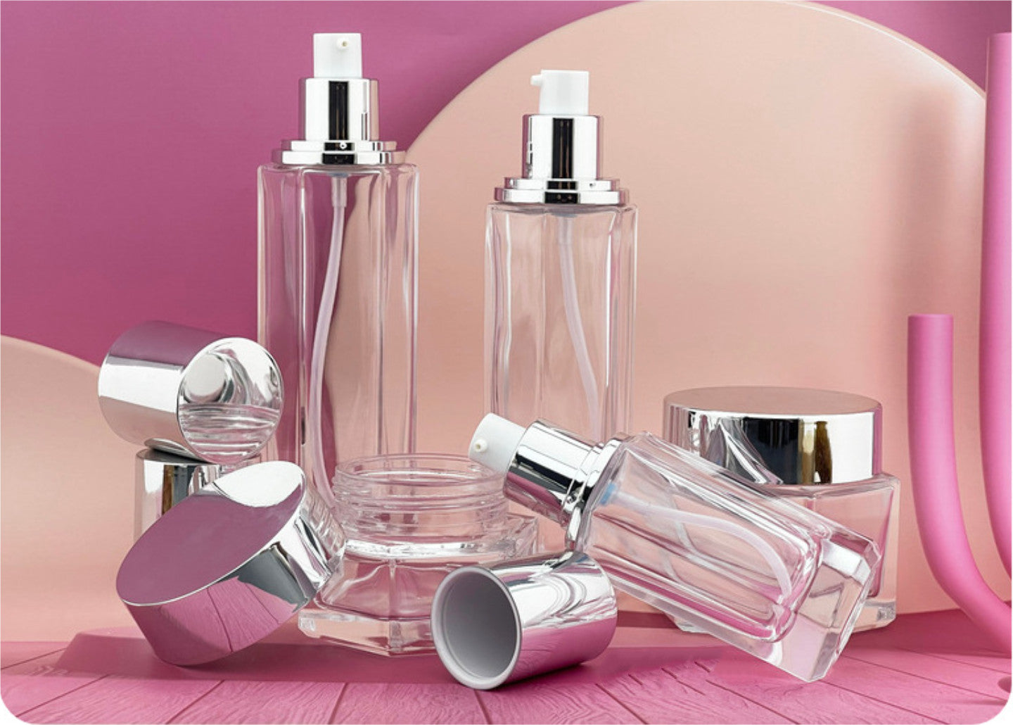 2024 new style unique hexagon shape  luxury empty clear  glass cosmetic packaging set face cream jar wholesale