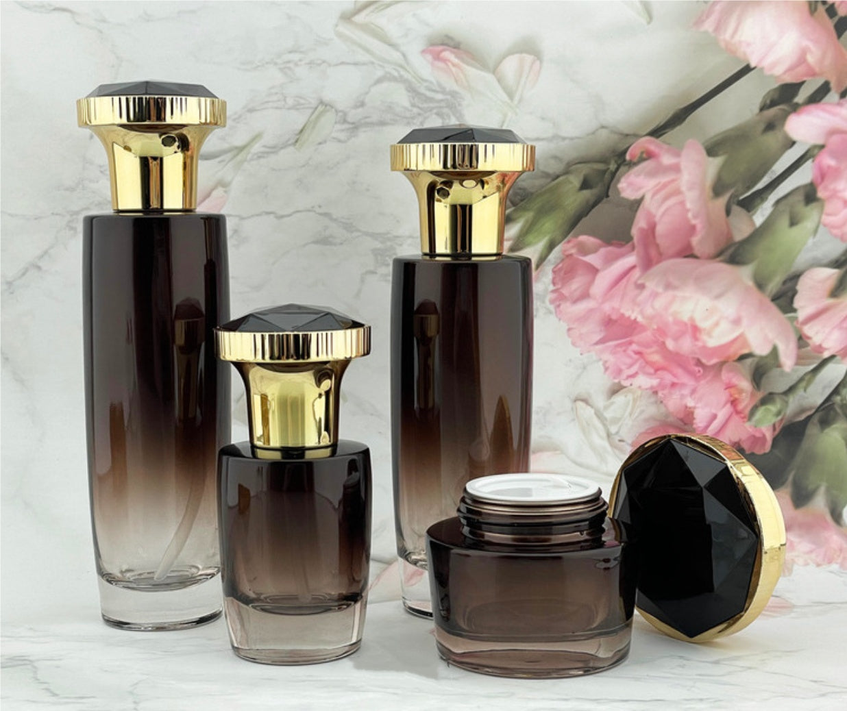 high quality empty new style round amber glass lotion pump bottles cream jar cosmetic package wholesale