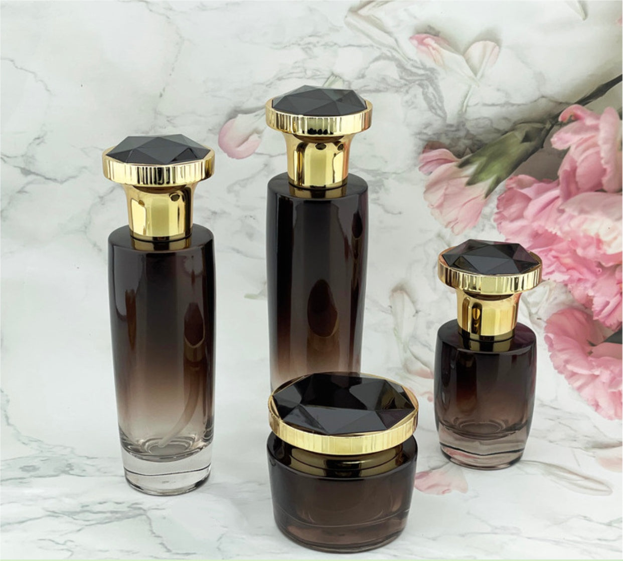 high quality empty new style round amber glass lotion pump bottles cream jar cosmetic package wholesale