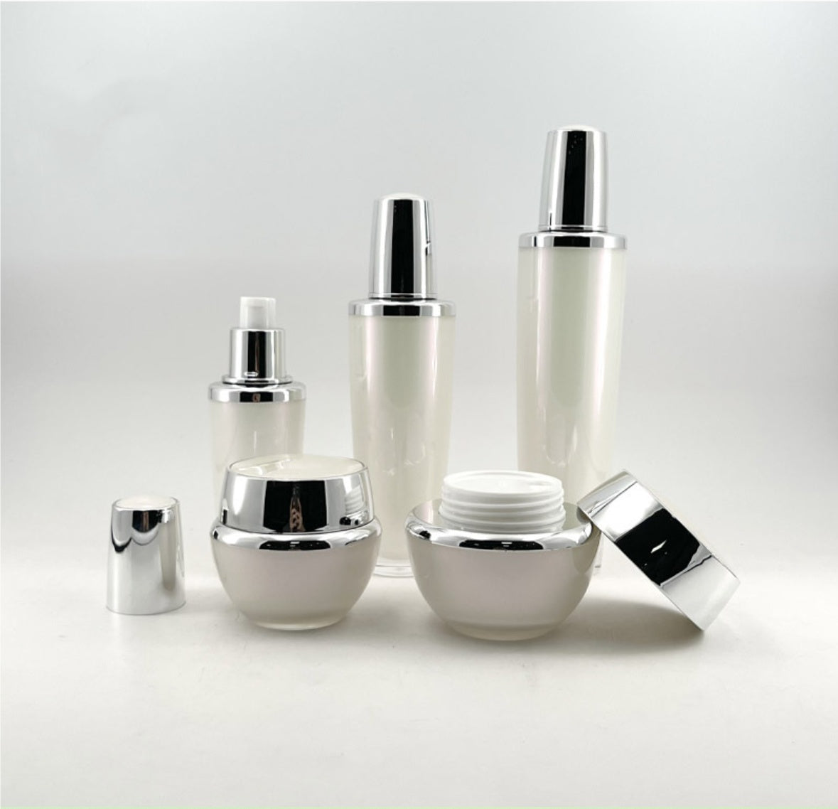 hot selling empty plastic skin care package pearl white round acrylic lotion bottle face cream jar