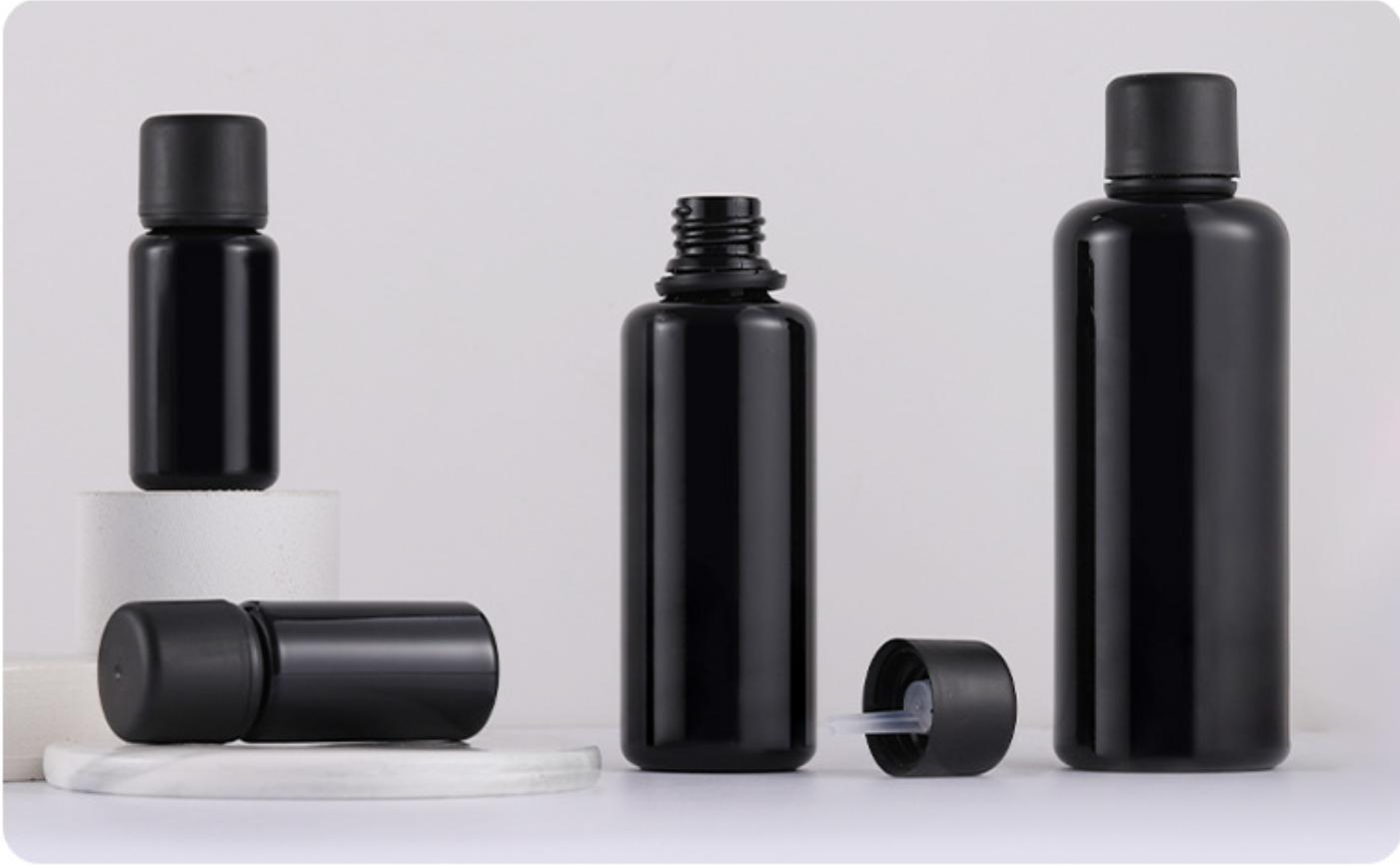 high quality empty  black cosmetic glass lotion bottles with black lid wholesale cosmetic glass package